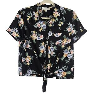 M Hippie Rose Black Tropical Button Down Shirt Womens Size M Pineapple Front Tie